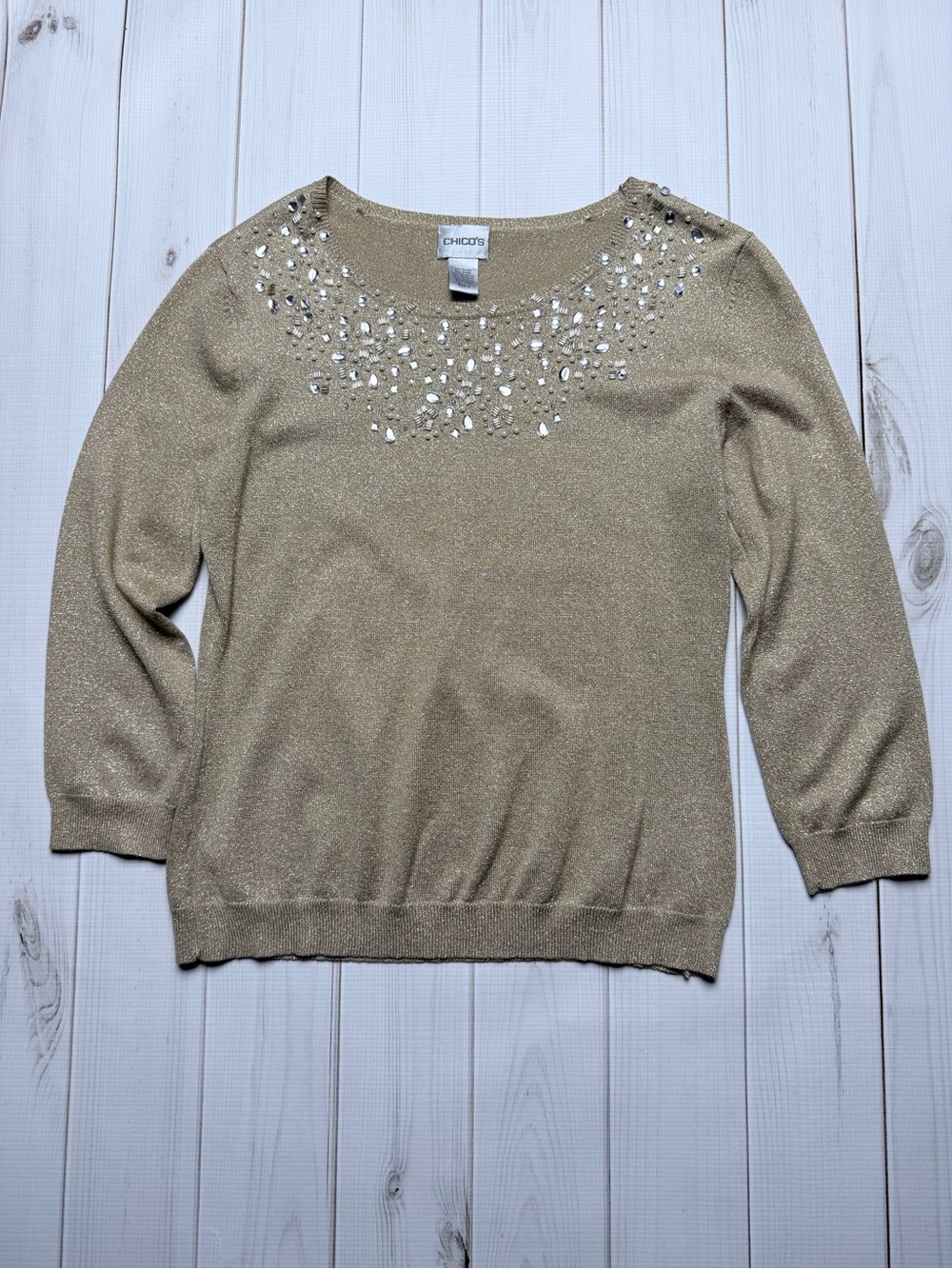 Chico's Metallic Gold Jewel-Neck Crew Sweater